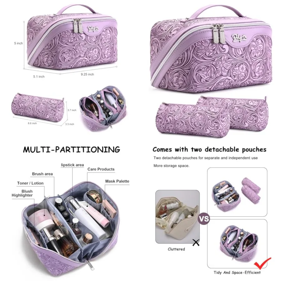 

Travel Makeup Bags Cosmetic Organizer Bag: 3 Pcs Set Large Capacity Floral Make up Bag with Compartments - Waterproof Leather T