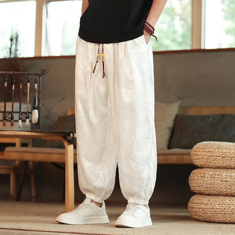 

FGKKS 2024 Outdoor Brand Pants For Men Lce Silk Dragon Dark Flower Loose Bloomers High Quality Wide Leg Casual Pants Male
