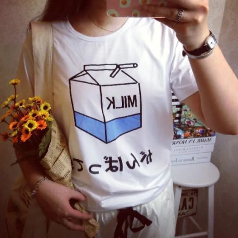 Milk Juice Japanses Aesthetic Grunge Cute Cartoon T shirt Women Harajuku Kawaii Pink Summer Casual Tumblr Outfit Fashion T-shirt