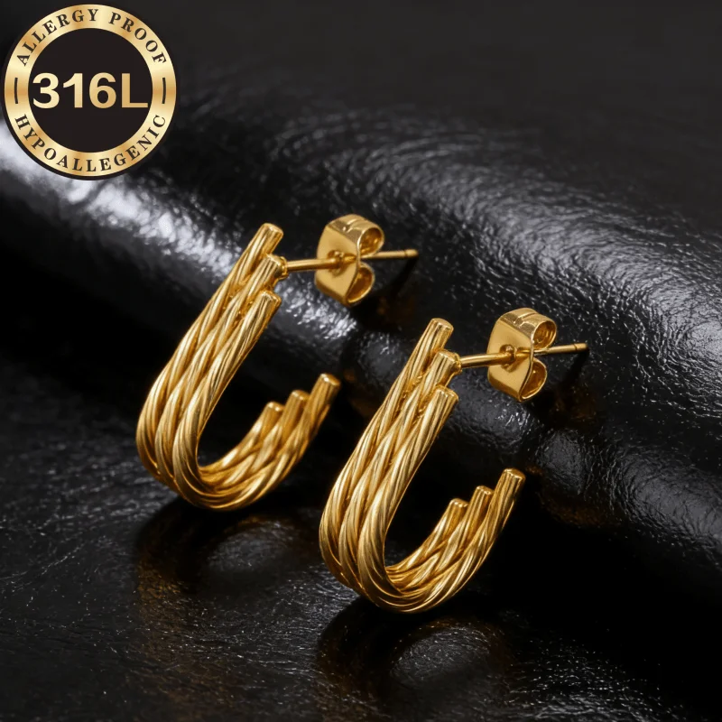 Anti-allergic, plum blossom twist high and low oval Golden | Silvery stainless steel earrings, simple and elegant