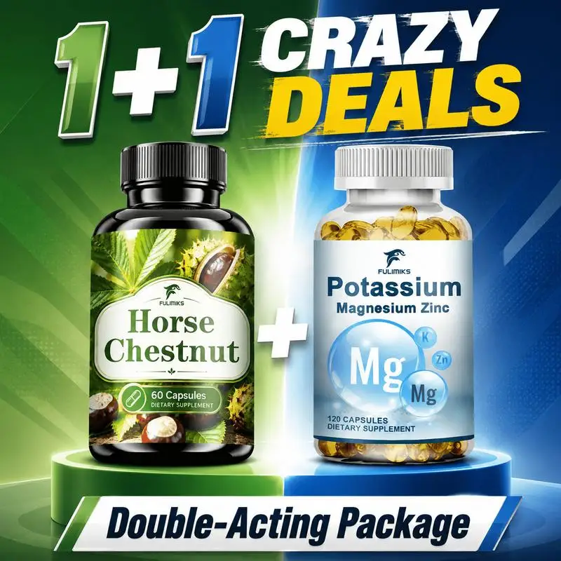 1+1 Wellness Supplement Bundle, Horse Chestnut Capsules & Potassium Magnesium Zinc Formula, with Rutin Powder, L-Arginine, Butcher's Broom, Ginger Root, Red Vine Leaf, Supports Circulation Care, Leg Health, Muscle Nutrition, Electrolyte, Top Choice