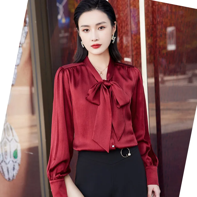 Green Shirt Women Bow Design 2022 New Fashion Temperament Loose Formal Satin Blouses Office Ladies Work Clothes Tops White