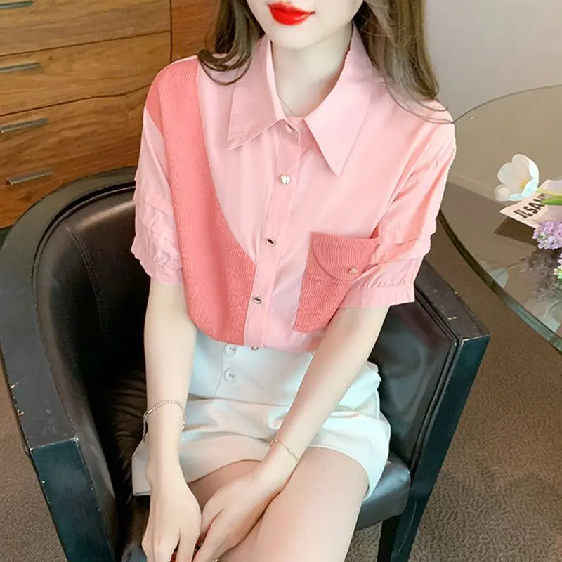 2024 New Summer Young Style Chiffon Short Sleeved Blouses Loose Patchwork Polo Collar Folds Pocket Beading Women\'s Shirt Top