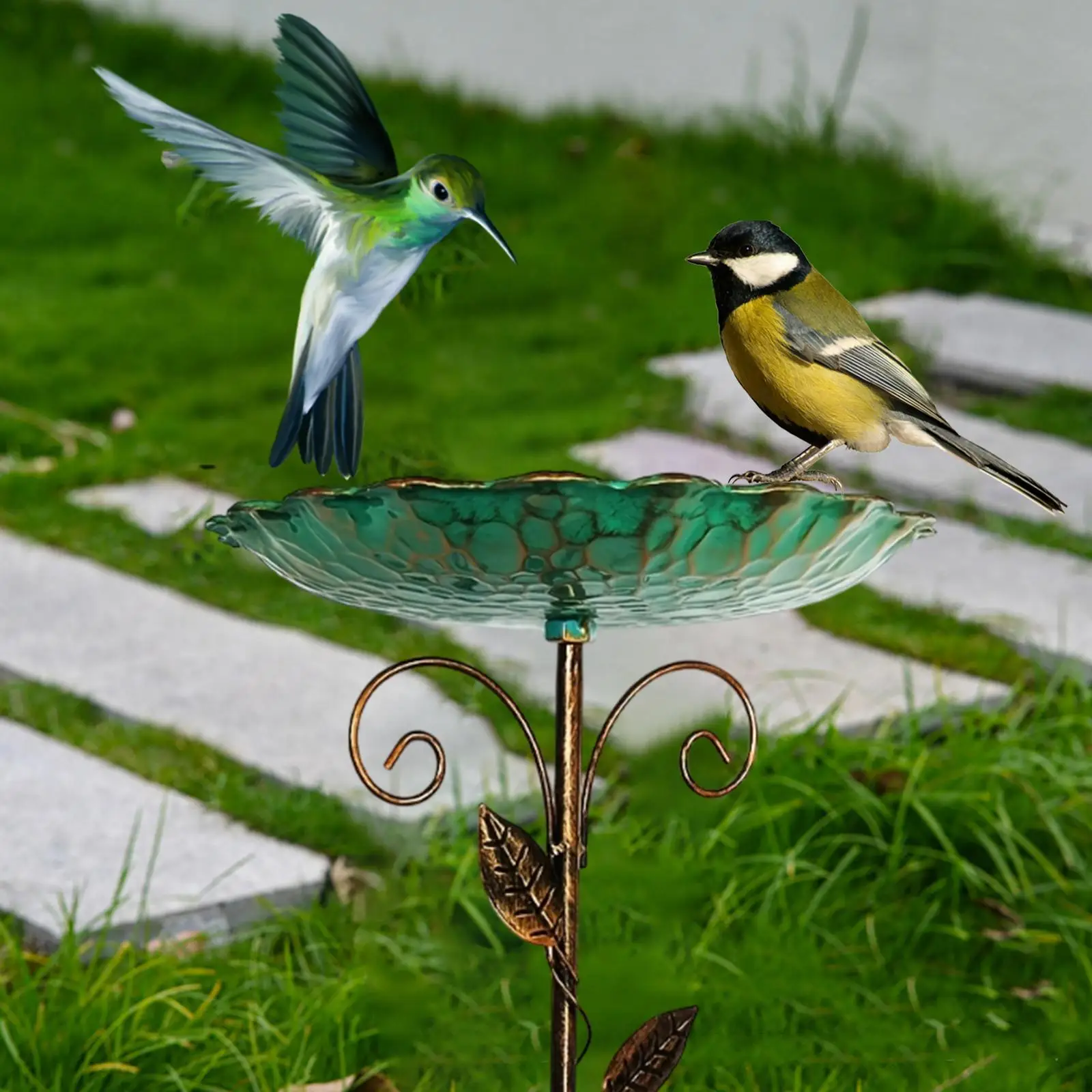 Bird Bath for Outdoor Weatherproof Iron Bird Feeder with Stake Metal Bird Bath Bowl for Garden Lawn Outside Courtyard Decoration