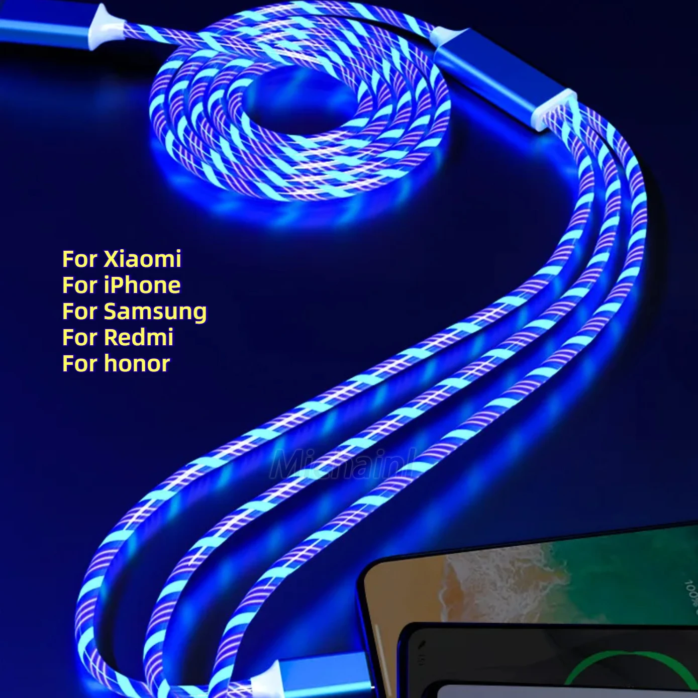 3 IN 1 Flow Luminous Light Phone Charging Cable For Xiaomi For iphone For Samsung Phone Charge Cord  Type C Micro Glowing Cable