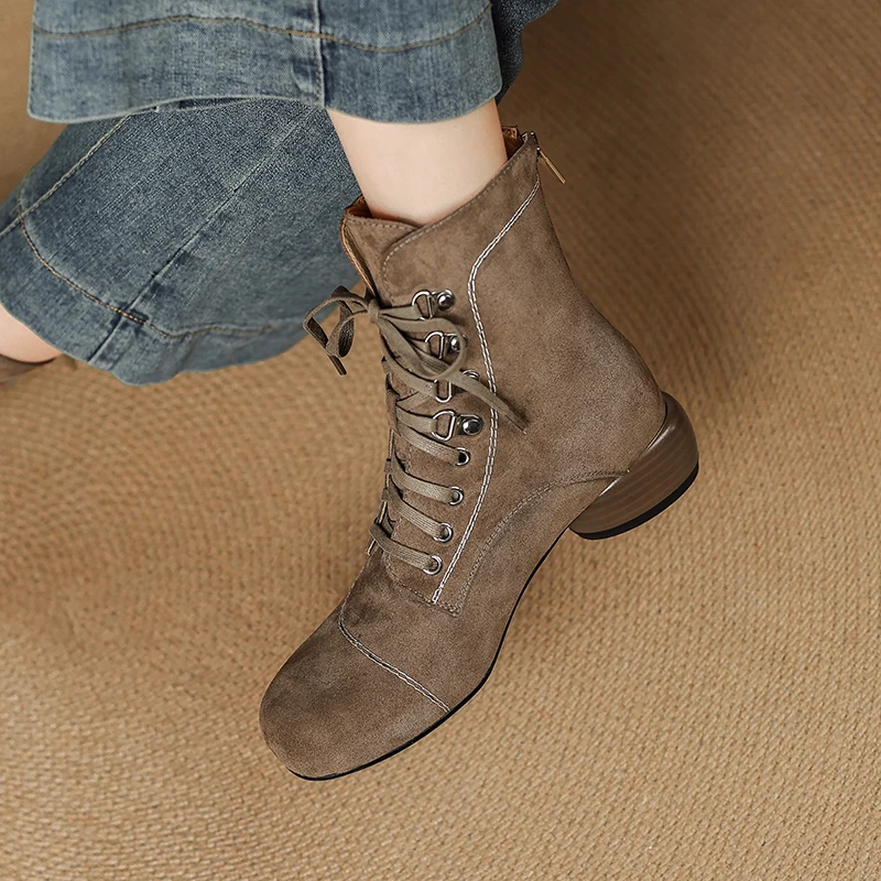 2027 New HOT SALES Fall Shoes Zipper Genuine Leather Boots Women Retro Lace Ankle Boots for Women Fashion Winter Boots Women