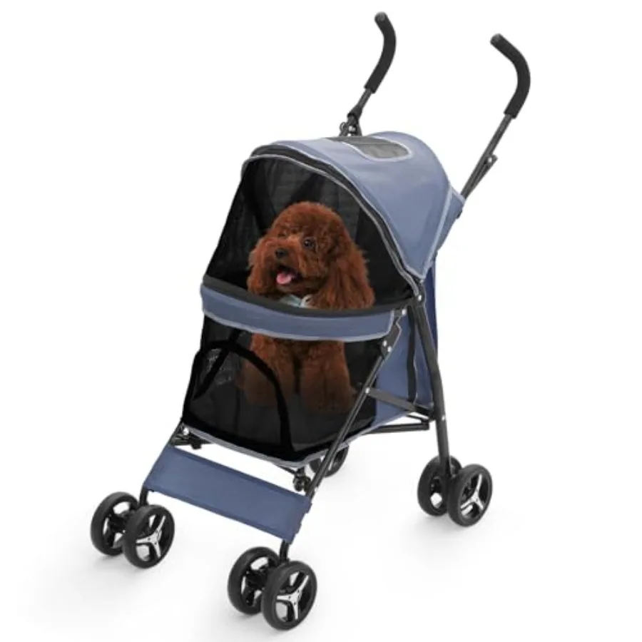 

4 Wheels Pet Stroller for Walks and Shopping, Lightweight Easy-Fold Puppy Jogger in Navy Blue with Visible Mesh Rear Storage, S