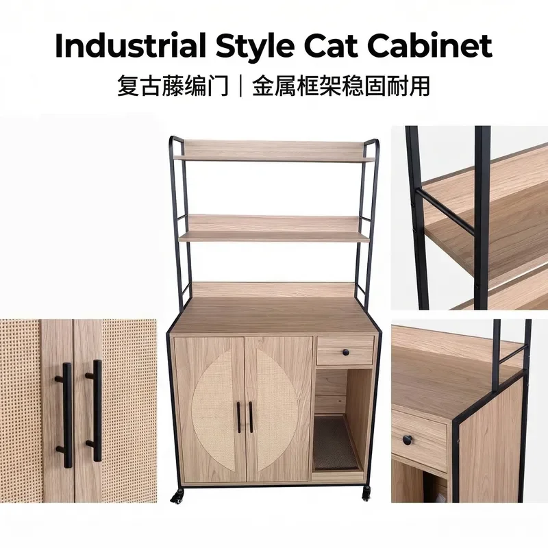 Wooden Cat Litter Box Cabinet Multi Layer Pet Storage Rack with Scratching Board and Wheels Cat Furniture