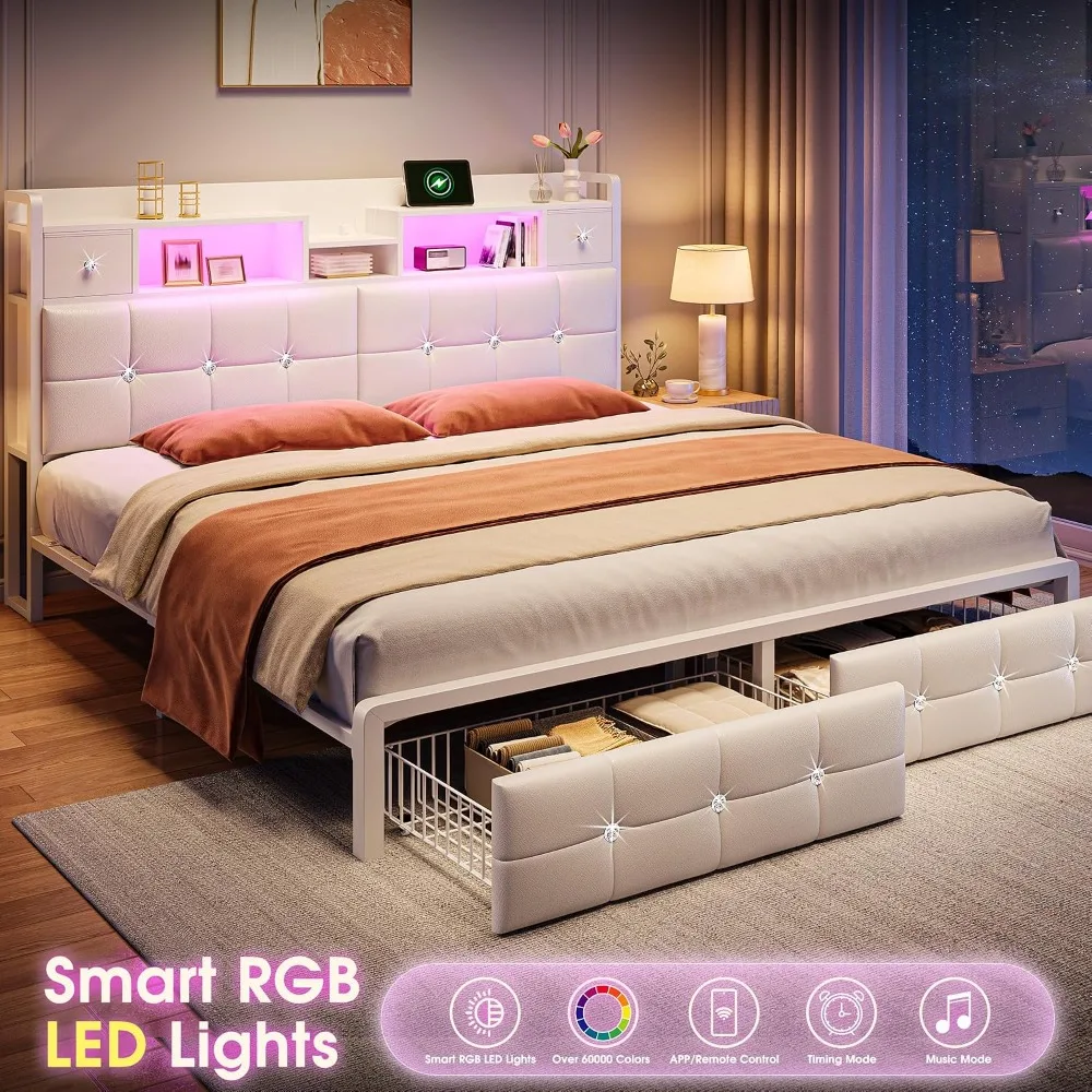 King Size Bed Frame with 4 Drawers & Storage Headboard and Diamond-Tufted Upholstered,LED Lights & Charging, Customized