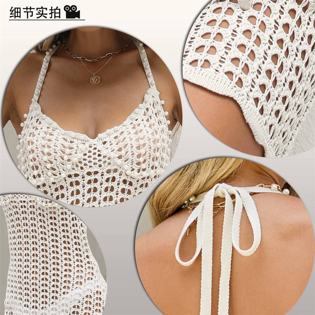 S - XL Sexy, ausgeschnittenes, halterneckiges, gehäkeltes, gestricktes Tunika-Strandkleid, Strandmode, Strandbekleidung, Strand-Cover-up, Damen, V6993 – Detail 8