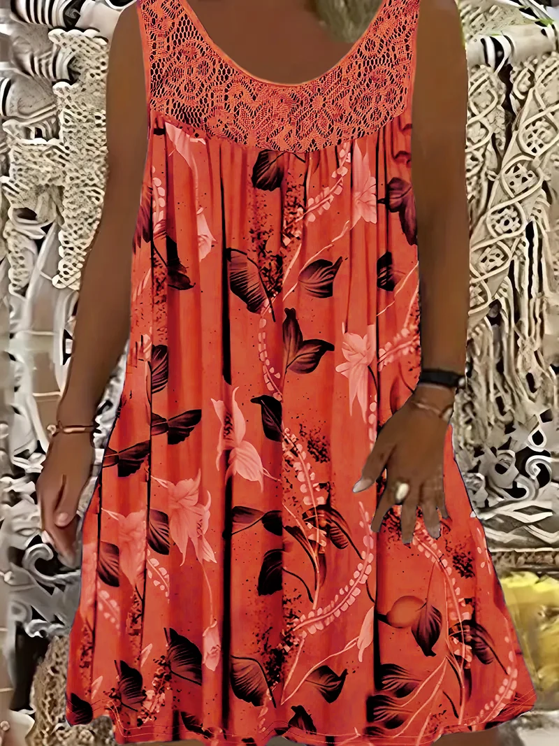 Plus size women's sleeveless round neck A-line dress with contrasting lace border floral print - knee length machine washable, c