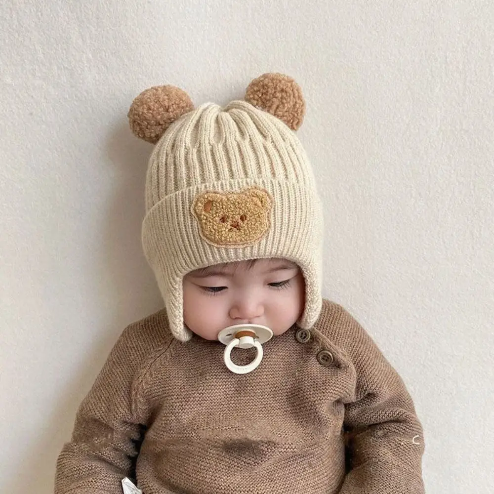 Winter Baby Beanie Cap Cartoon Bear Ear Protection Knitted Hat for Toddler Boys Girls Cute Korean Warm Kids Crochet Hats