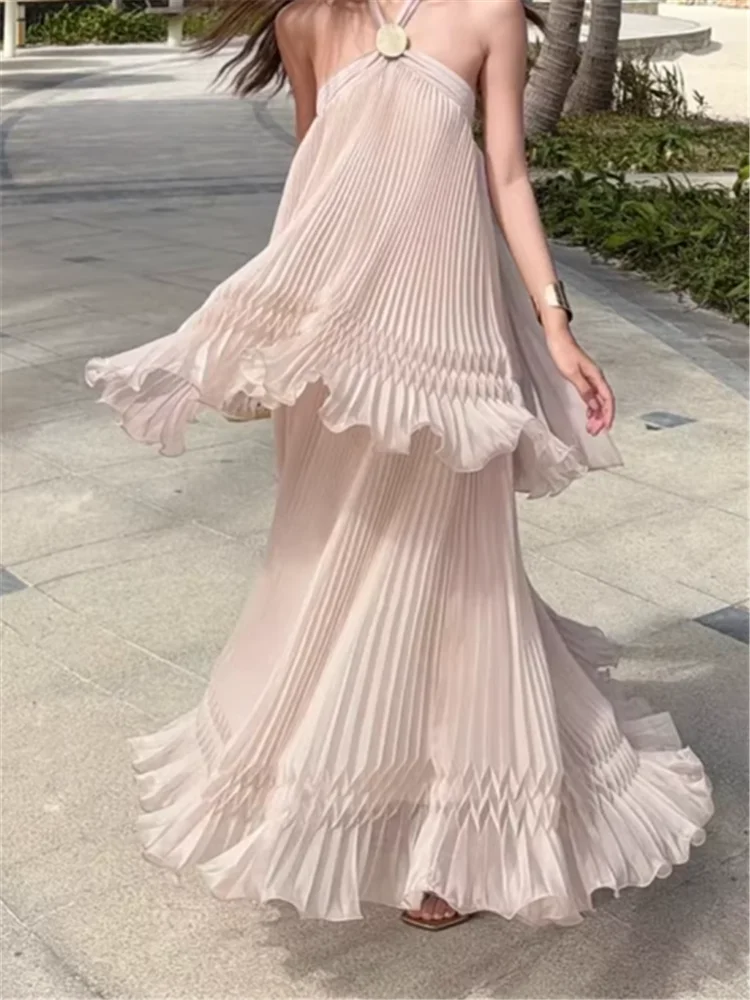 nude pleated maxi dress Halter Pleated Maxi Dress Peach Pink