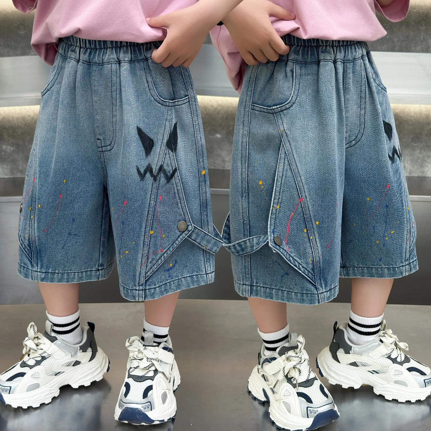 Stylish Kids Boys Paint Dot Denim Capris Teenagers Chidlen Soft Thin Fabric Loose Casual Five-Point Pants Daily Summer Wear