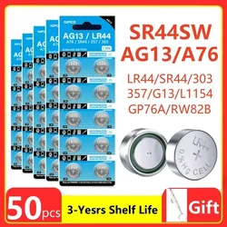 2 uds-50 Uds 1,55 V AG13 LR44 L1154 RW82 SR1154 SP76 pila SR44 pilas de botón A76 LR1154 GP7 célula moneda reloj juguetes batería remota