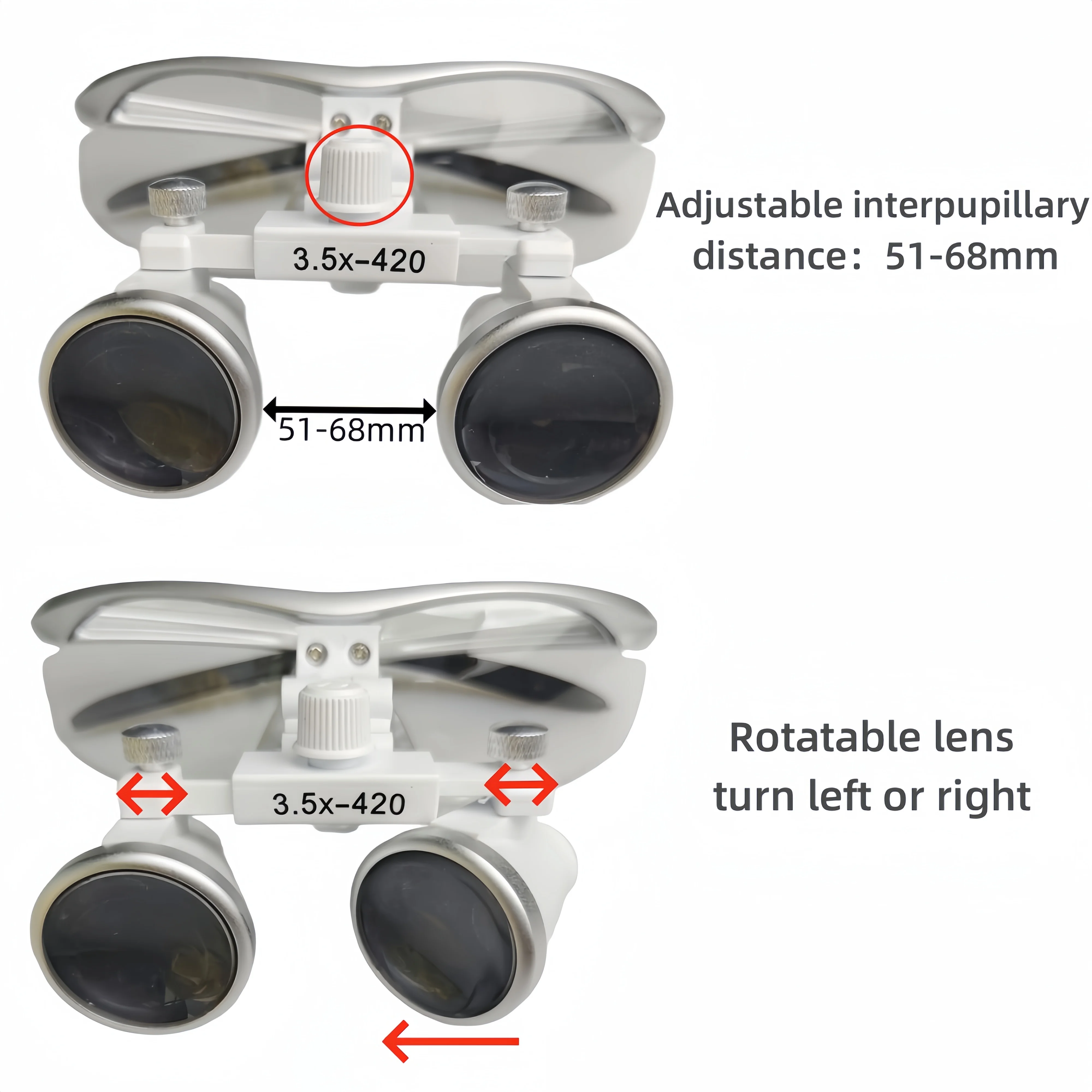 Stomatologia lupa dwuokularowa 3,5-krotne ultralekkie lupy optyczne 320mm-420mm szkło powiększające do chirurgii stomatologicznej