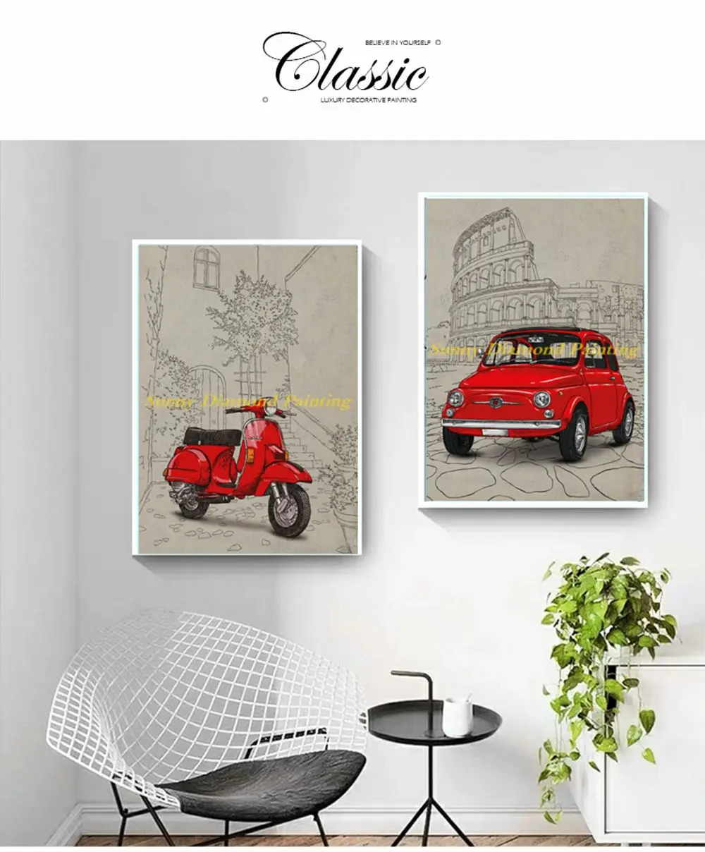 Pittura diamante in stile italiano 5D famoso sfondo edificio Fiat 500 rosso giallo Vespa trapano completo punto croce arte decorazioni per la casa