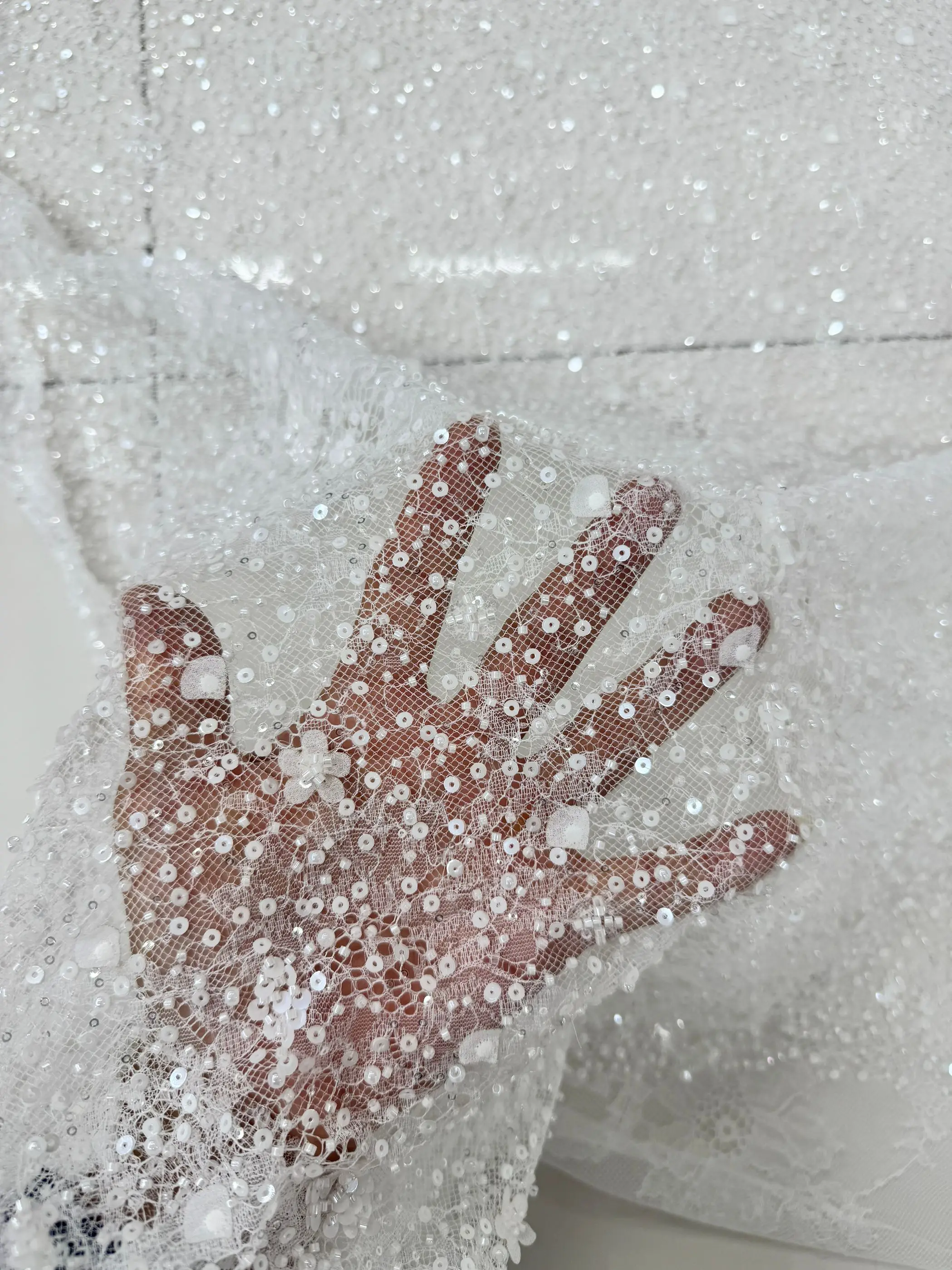 Diamond Pearl Appliqued Flower Tube Bubble Embroidered Fabric Sequin Lace Dresses Stage Costume Bridal Evening Party Material