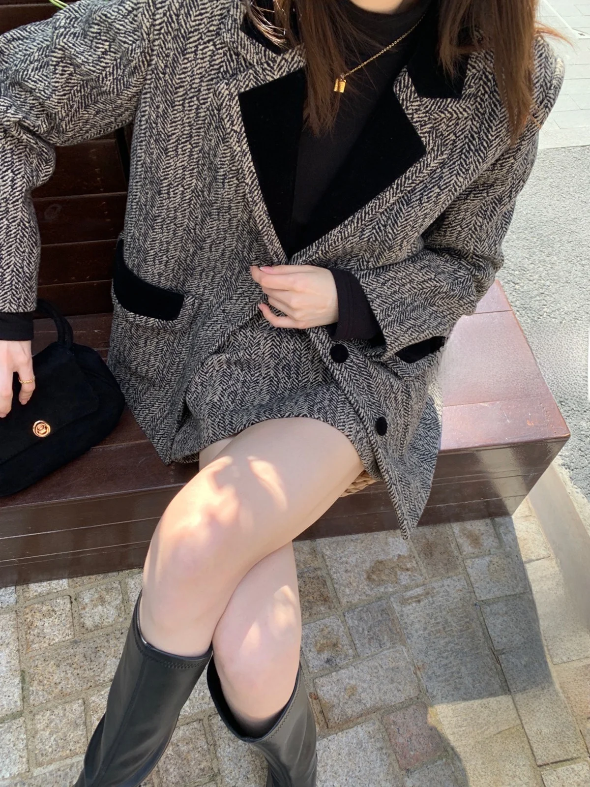 

London Winter Time Ele Velvet Collar Patchwork Wool Cotton Tweed Suit ort Skirt Set Sweet Sle Long Sve Regular Length