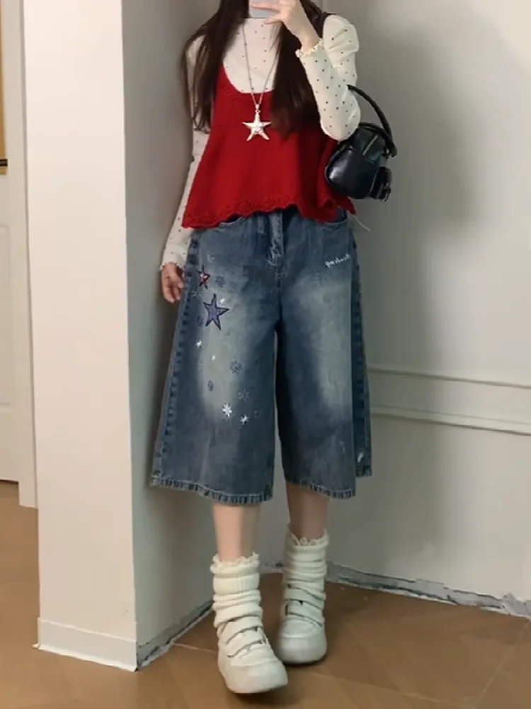 Sweet Cool Spicy Star Embroidery Denim Shorts Women's Summer Loose Slim Straight Leg Wide Leg Mid-Length Casual Jeans