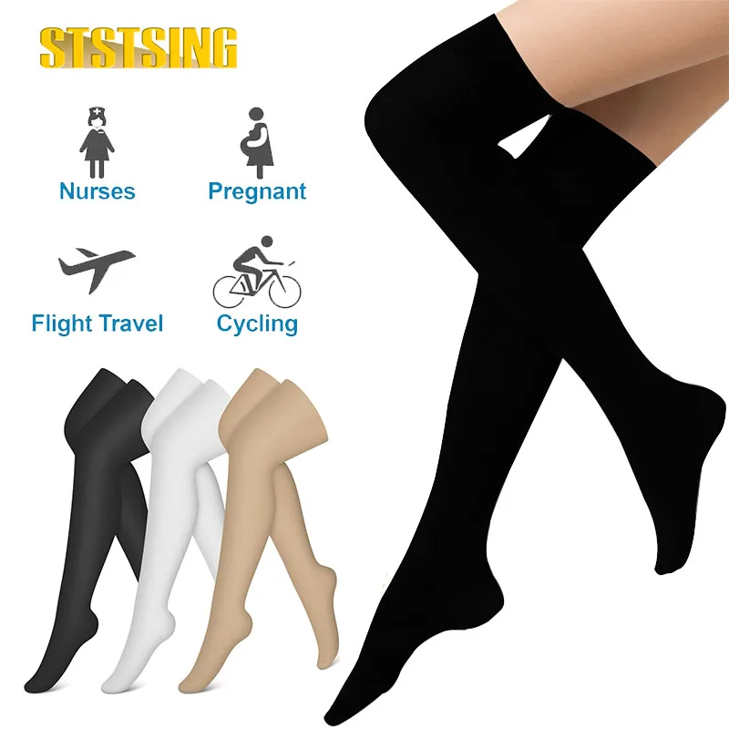 

1 Pair 20-30 mmHg Compression Stockings for Women & Men, Thigh High Socks Graduated Support for Varicose Veins, Edema, Flight