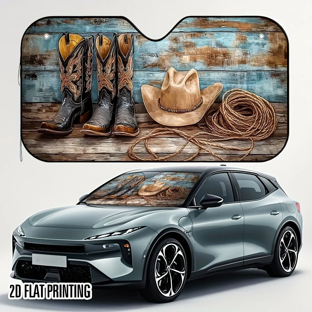 1pc Western Cowboy Style 2D Flat Car Sunshade with Boots Hat Design Stylish Cool Includes 4 Suction Cups