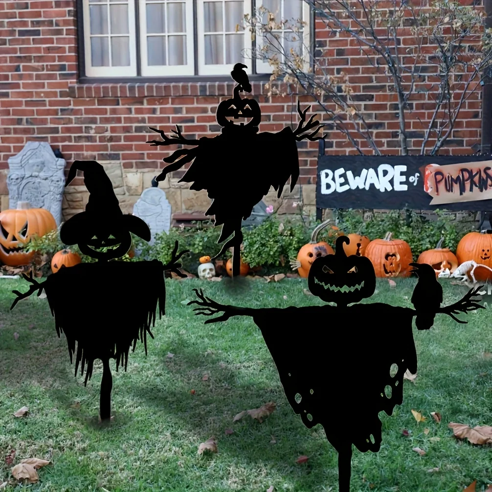 

3pcs Halloween Metal Pumpkin Scarecrow Stake Decorations - Rustic Black Iron Silhouette Ground Stakes with Witch