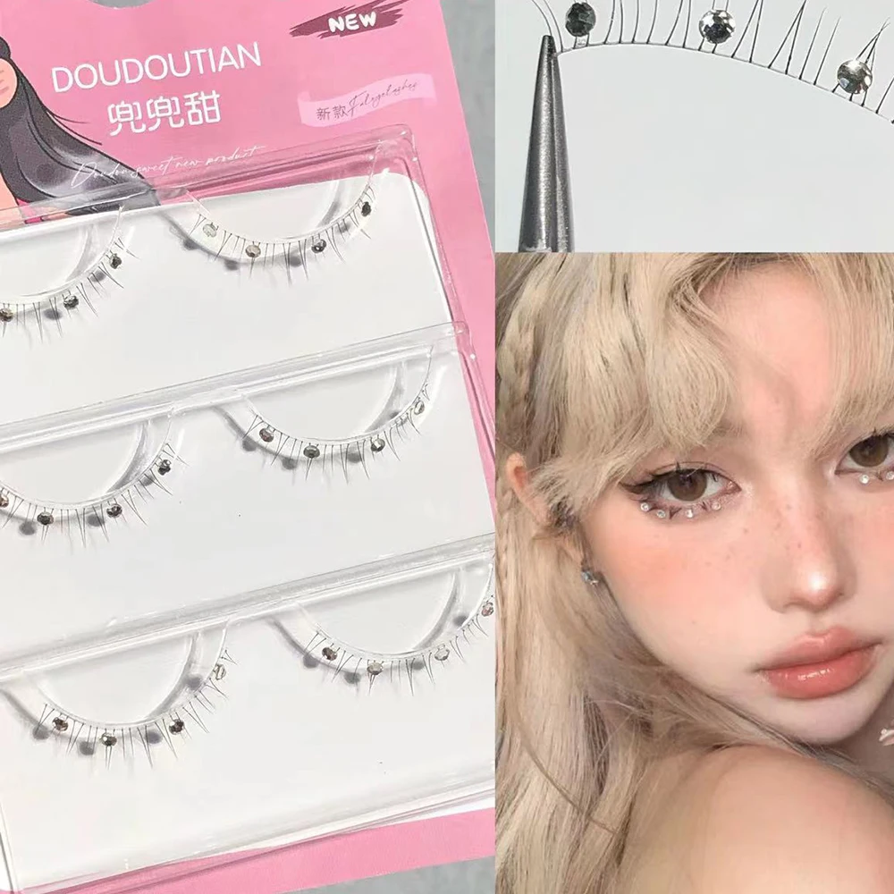 3Pairs Bottom Eyelashes With Zircon Manga Lower Lashes Clear Band Wispy Small Flame Under Eye Lashes Korean Makeup Cosplay Tools