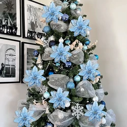 5.7 Inch Artificial Blue and Black Christmas Glitter Flowers with Clips 5/10pcs Xmas Tree Flower Ornaments Noel New Year Decor