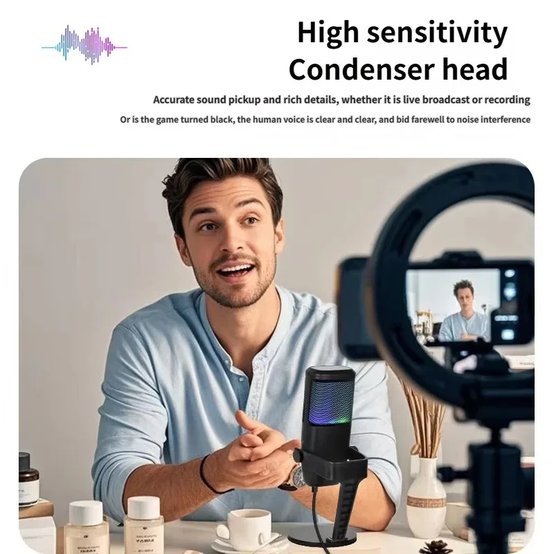 IRIN ZX-775 USB Gaming Microphone – RGB Desktop Condenser Mic with Volume Control, Mute & Headphone Jack  LED, Metal Stand view 5