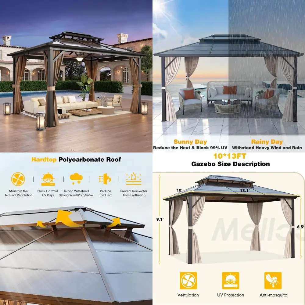 

Постоянный уличный павильон с двойной поликарбонатной крышей, алюминиевой рамой, шторами и нити для беседки 10x13 Hardtop