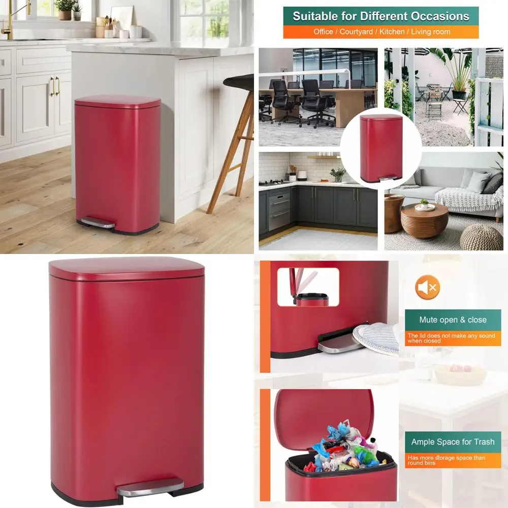 

Red 13 Gallon Stainless Steel Kitchen Trash Can with Removable Inner Bucket and Hinged Lid, Suitable for Home or Office Use