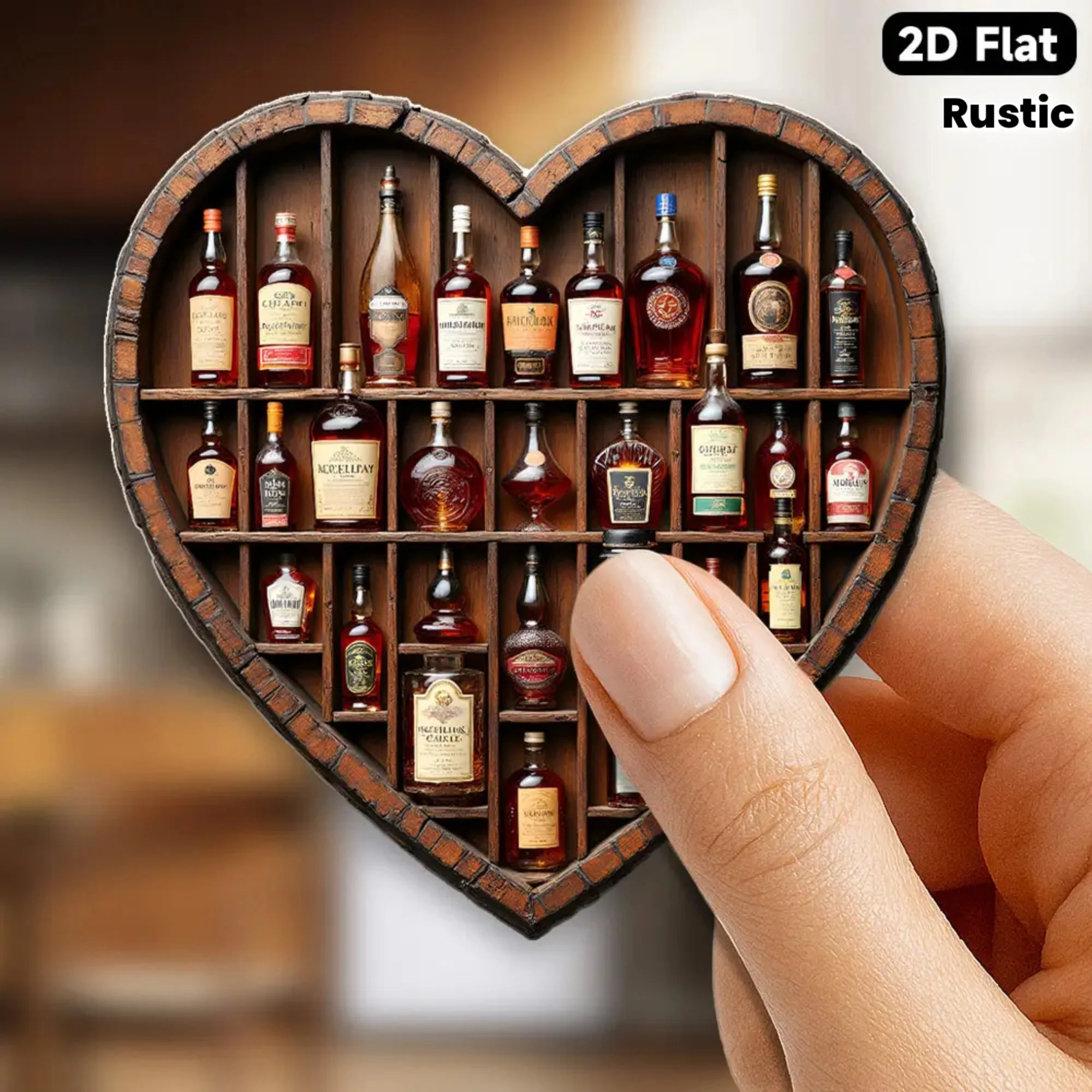 Heart-shaped 2D acrylic fridge sticker: country wine barrel rack & whiskey bottle grille. Self-adhesive, easy install.