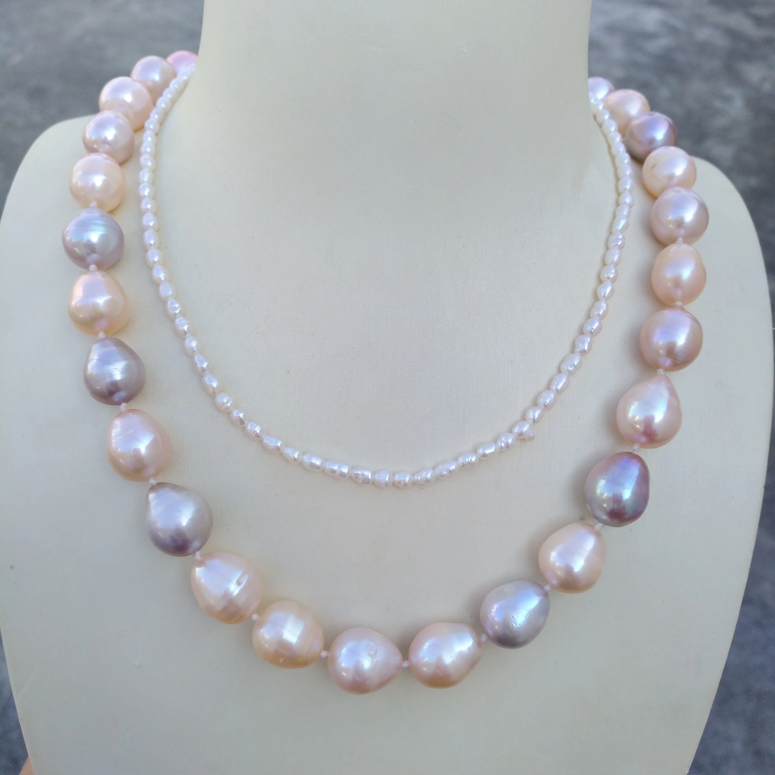 

2 Row Classic Naturl South Sea white Pink PURPLE Pearl Necklace 18" Original Real Shot Photos