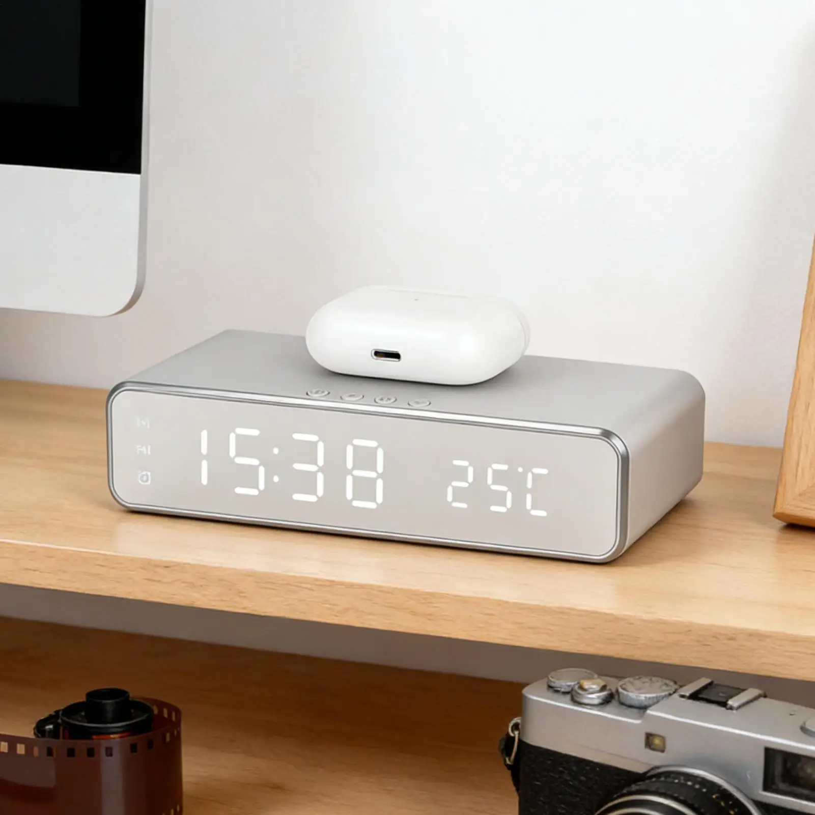 

Alarm Clock with Wireless Charging Temperature Display Cellphone Stand Charging Station with Clock for Bedroom Bedside Home