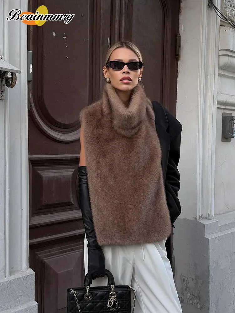 Women Solid Faux Fur Vest Crop Top Fashion Turtleneck Fluffy Short Women Solid Faux Fur Vest Crop Top Fashion Turtleneck Fluffy Short