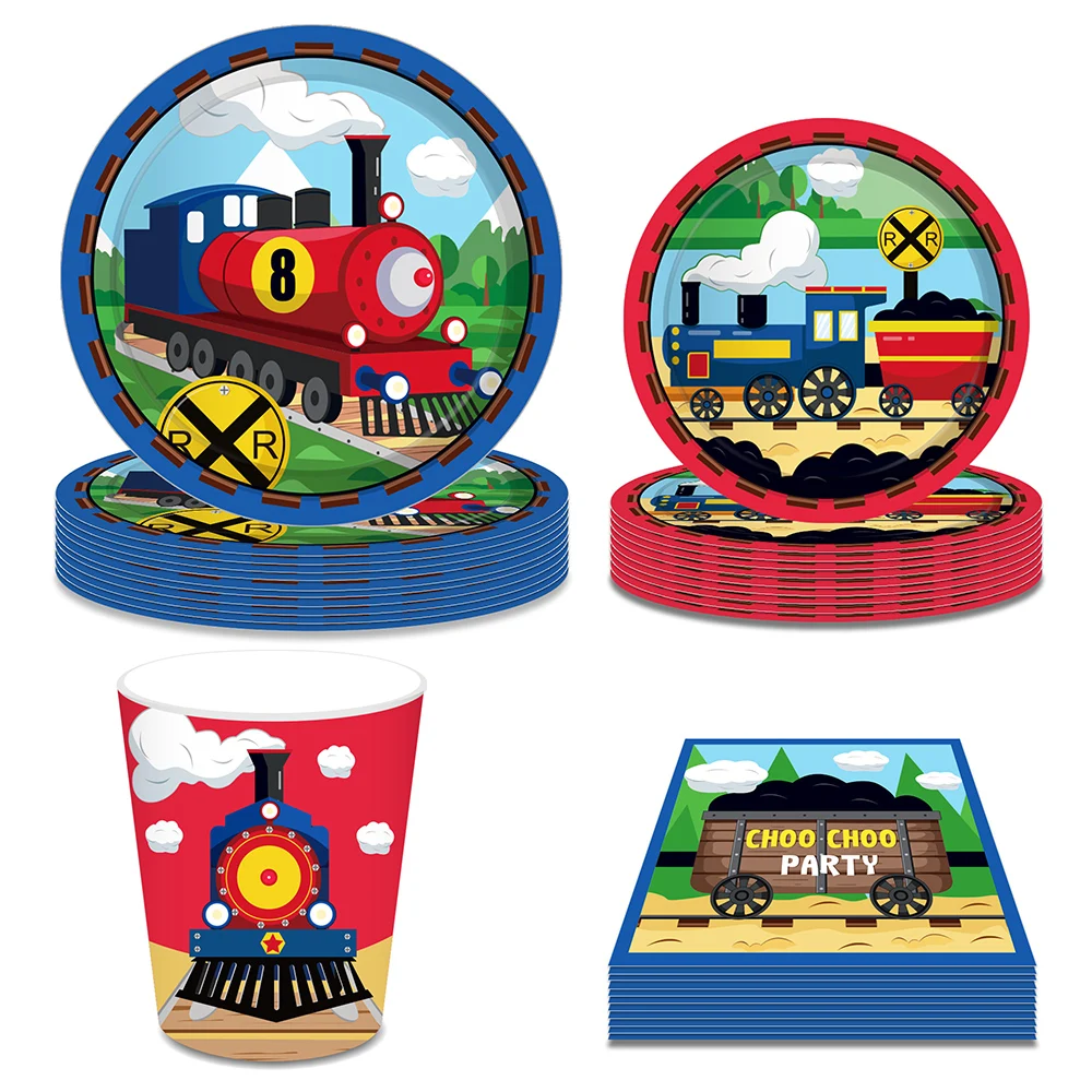 Kids Cartoon Train Choo Choo Cargo Birthday Party Paper Disposable Tableware Sets Plates Cups Napkins Baby Shower Party Supplies