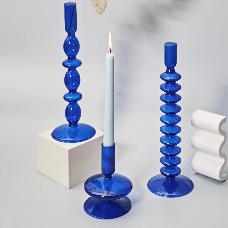 Blue Glass Candle Holder Candlesticks for Wedding Birthday Holiday Home Decoration Modern Decorative Glass