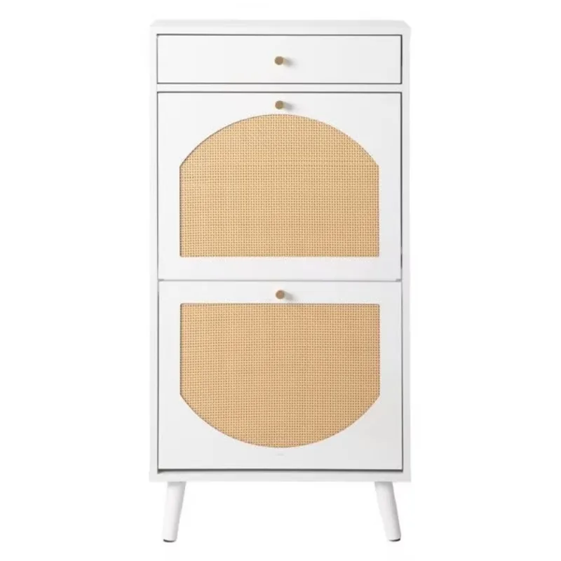 White 54 * 24 * 110 cm, rattan front shoe cabinet with 1 drawer and 2 flip compartments, particle board material