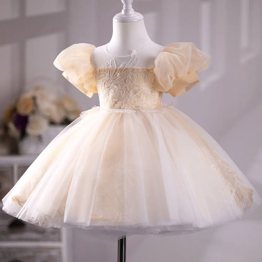 Dreamy Vow Elegant Girl Dress Puff Sleeved Tulle Embroidered Ruffled Toddler Celebration Party Spring Knee Length Ball Gown J233