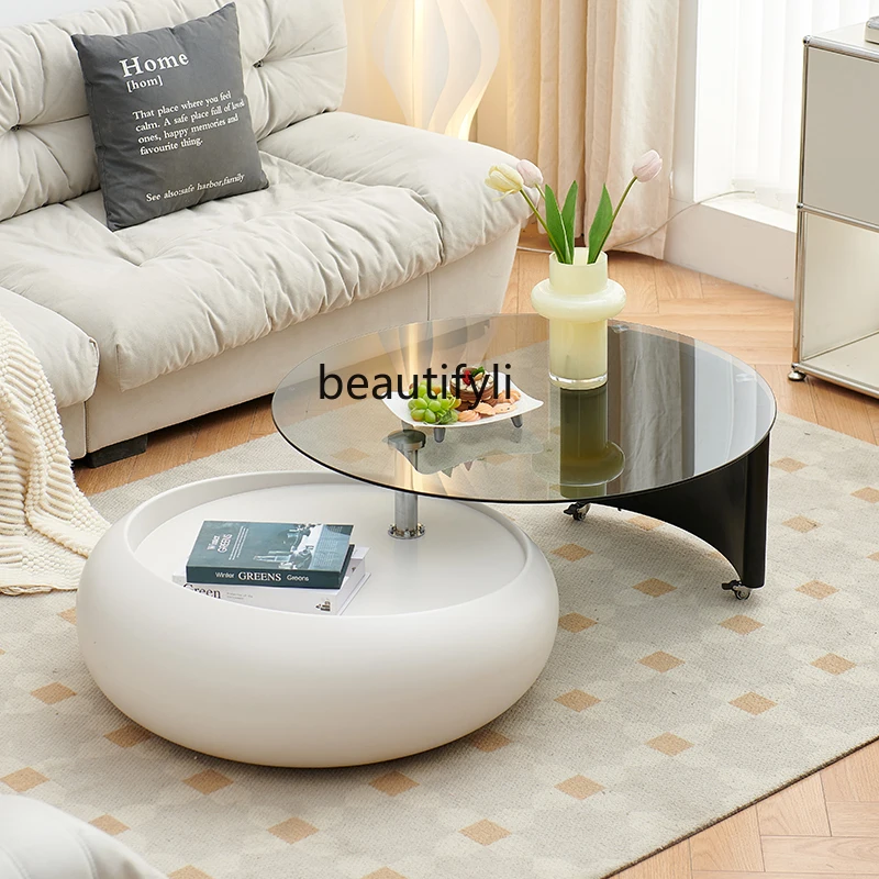 Cream Style Rotating Coffee Table Living Room Home High-Grade Light Luxury round Glass Coffee Table Designer New Combination