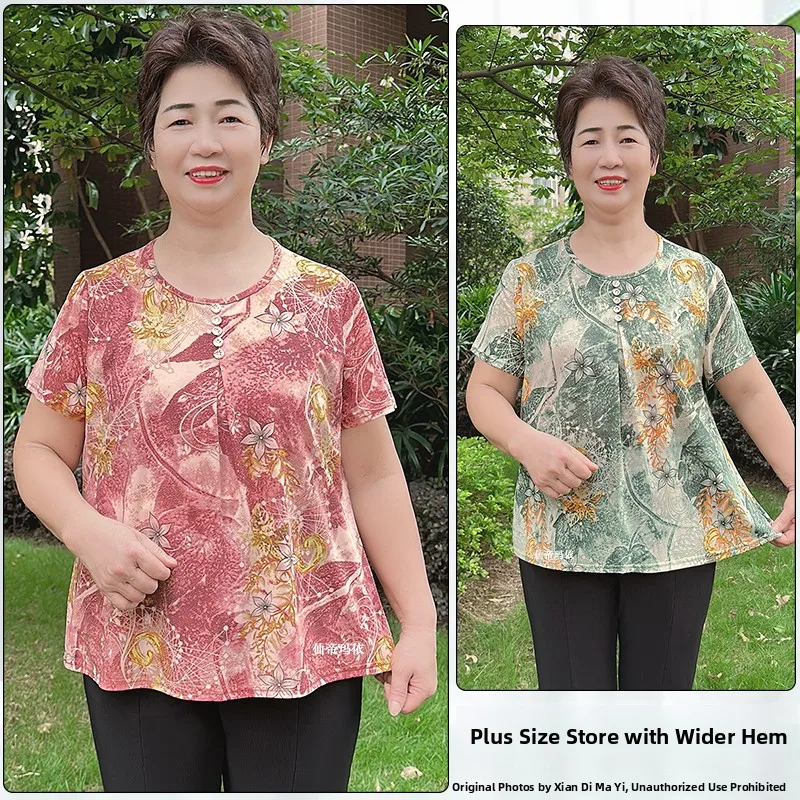 تي شيرت فضفاض بأكمام قصيرة من قماش الهيمب مقاس كبير مريح للصيف للنساء في منتصف العمر وكبار السن يغطي البطن