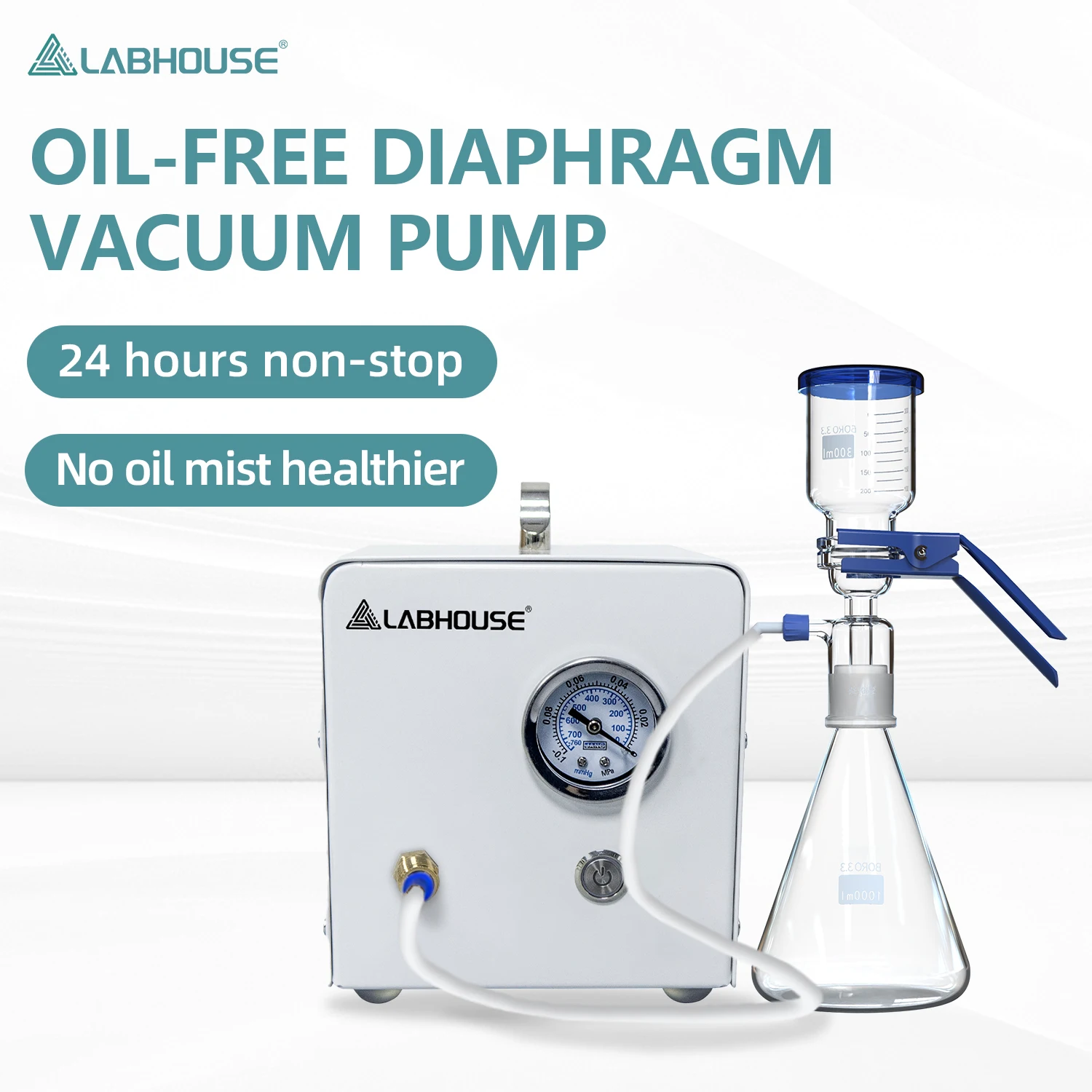 LABHOUSE VP-10E Lab Vacuum Filtration Pump, 10L/min, Negative Pressure Oil-free, Diaphragm, Portable, Fixed Pressure, Water Separator & Rubber Tube Included, for Lab Vacuum & Filtration
