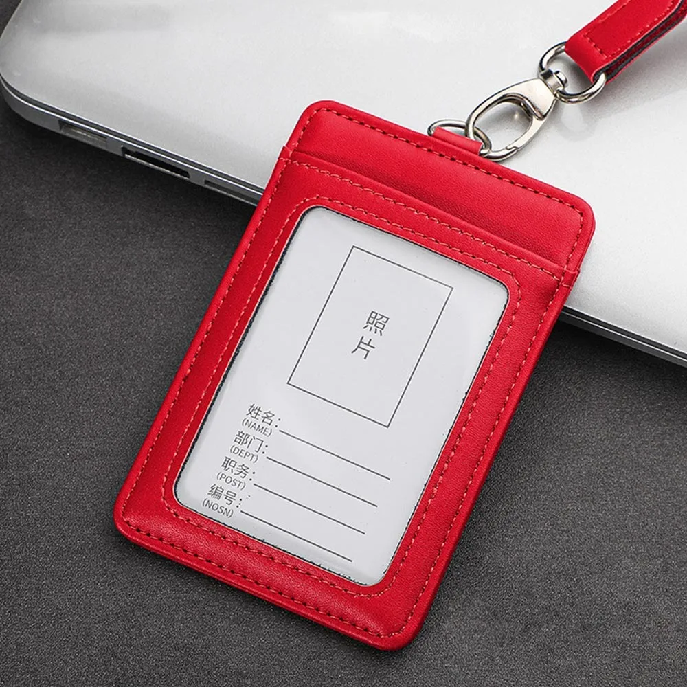 

High Quality Genuine Leather Work Card Holder With Neck Lanyard Solid Color ID Card Cover Id Name Tag Business