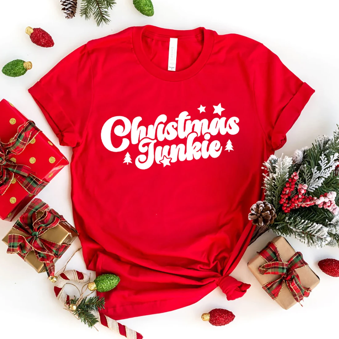 Christmas Junkie Print Tshirt Fashion Casual Short Sleeve Round Neck Tops Women/Mens T-Shirts