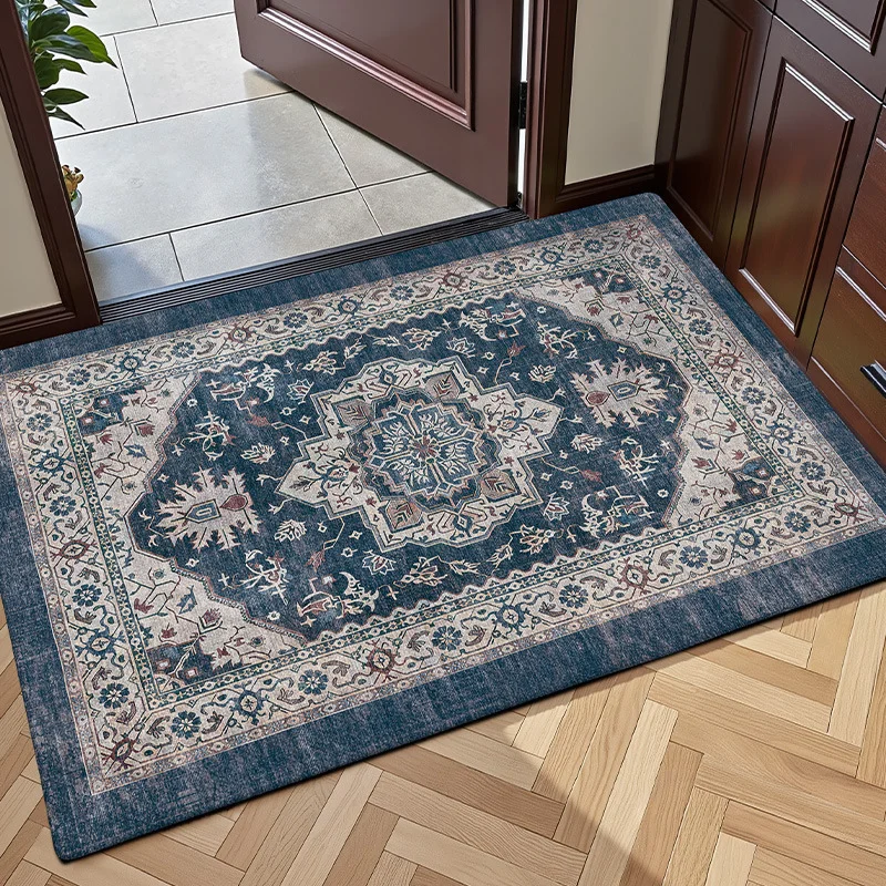 VIKAMA Boho Retro Navy Persian Style Rug Non Slip Decorative Floral Medallion Floor Mat For Bedroom Entryway Hallway Home Decor