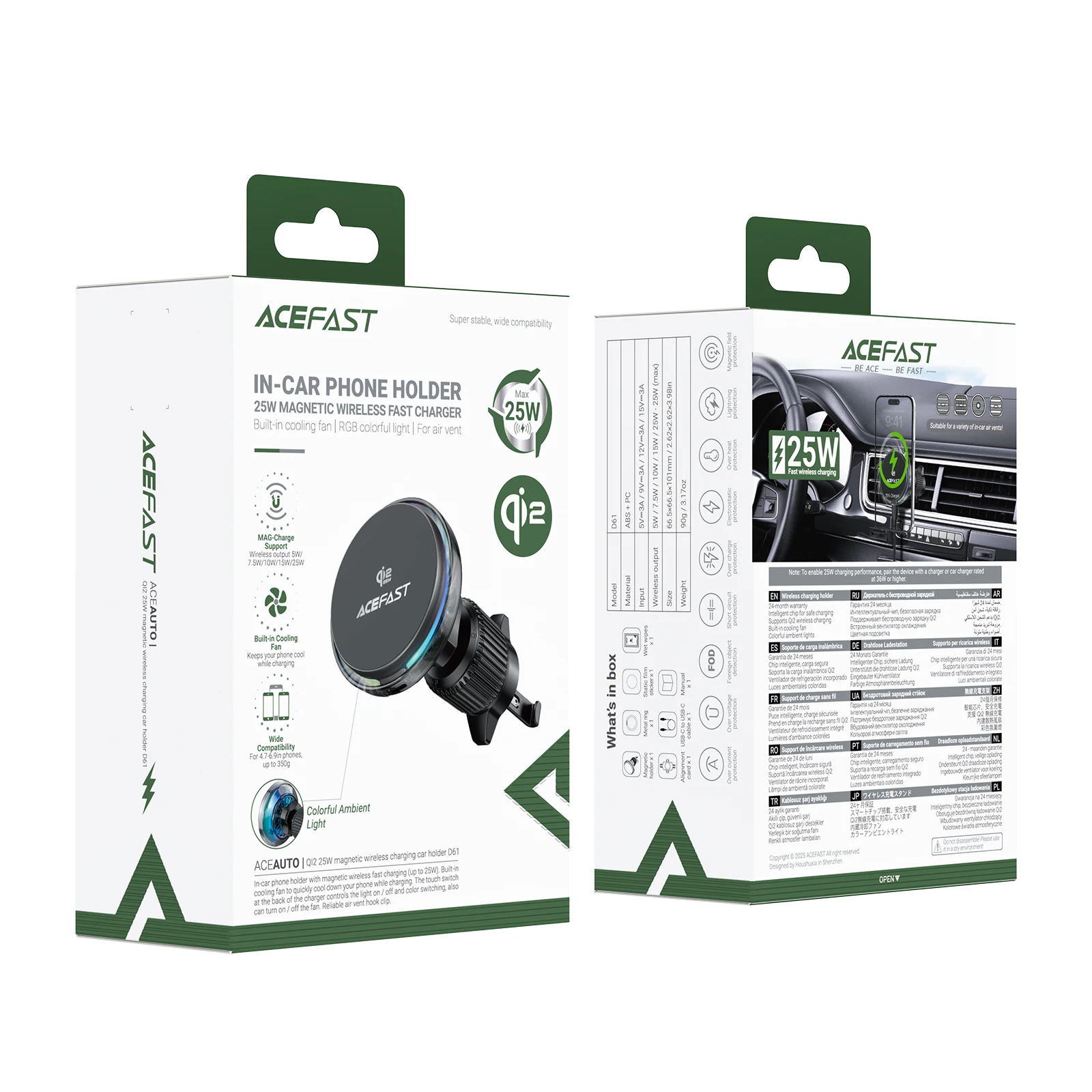 ACEFAST Qi2 25 واط المغناطيسي اللاسلكي شحن سريع حامل السيارة آيفون 17 16 برو ماكس شاحن لاسلكي تنفيس الهواء كليب لسامسونج