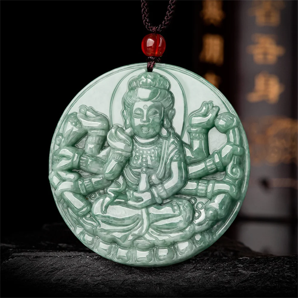 Natural Green Jadeite Carved Thousand Hand GuanYin Lucky Pendant Amulet Necklace Certificate Luxury Jade Vintage Gift Jewelry