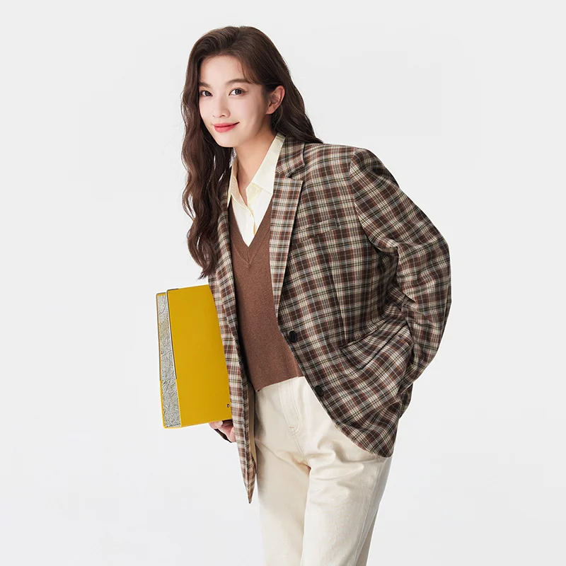 Semir Women Jacket Autumn New Mid-length Retro Fashion Plaid Suit  Loose Commuting Style  Trendy Design Jacket for Women