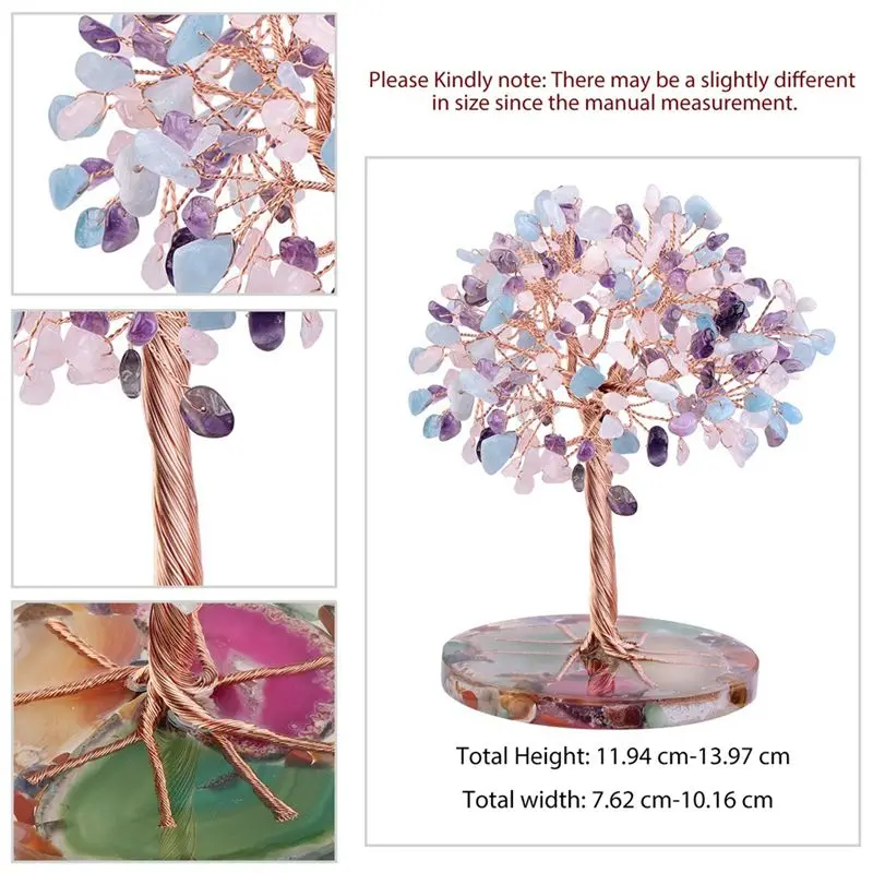 AB02 7 Chakra Healing Crystals Tree Leaf Wire Wrapped On Natural Agate Slice Base Home Office Desk Living Room Decoration A Dura